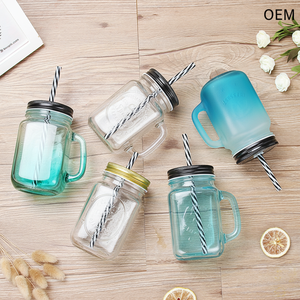 <span class=keywords><strong>Verre</strong></span> à boisson en <span class=keywords><strong>verre</strong></span> dépoli dégradé <span class=keywords><strong>avec</strong></span> <span class=keywords><strong>paille</strong></span> transparente et poignée, tasse Mason transparente <span class=keywords><strong>avec</strong></span> couvercle pour boissons froides - Product Image 1