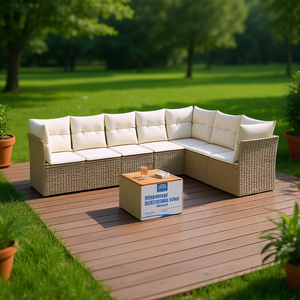 ชุดโซฟาสวนหวายเทียมสีเบจแบบโมดูลาร์ D0100XF4GS2 เฟอร์นิเจอร์กลางแจ้งที่สะดวกสบาย ดีไซน์ร่วมสมัย พร้อมเบาะโฟมความหนาแน่นสูง - Product Image 2