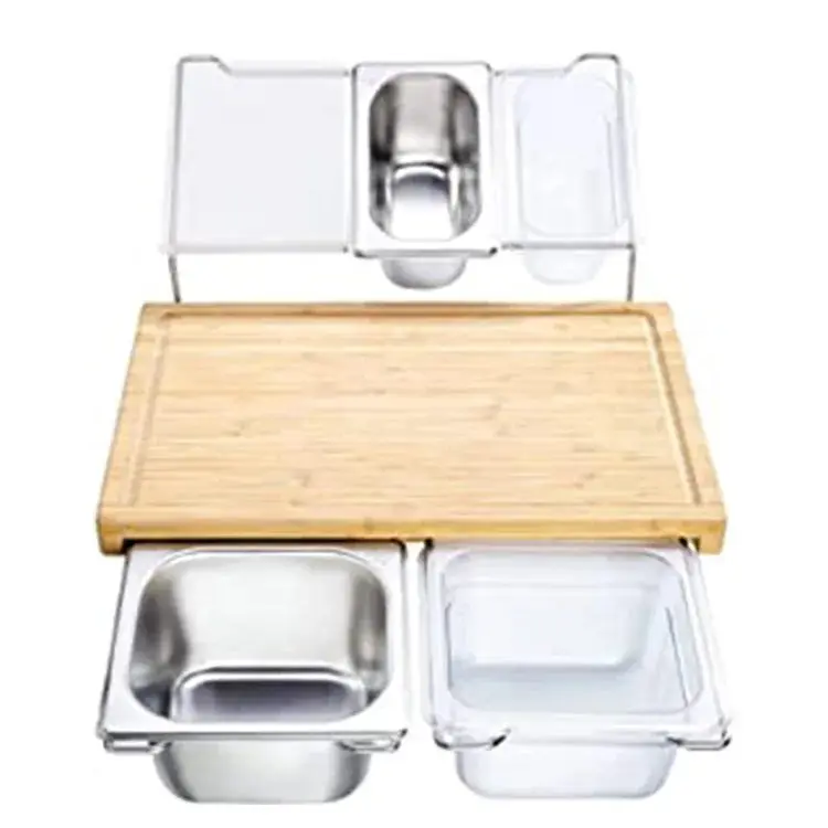 4 Container Expandable Bamboo Chopping Board Set With Juice Sink For Kitchen Use