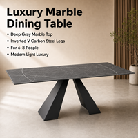 Table à manger rectangulaire moderne en marbre pour hôtel, base en acier au carbone en forme de V, gris foncé, luxe léger, prix de gros