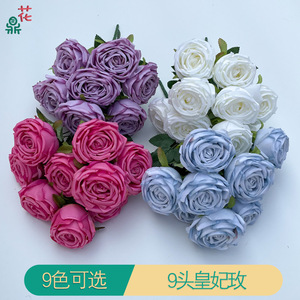 Bouquet de roses royales 9 têtes en soie, fleurs artificielles faites à la main pour décoration de mariage - Product Image 1