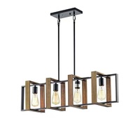 Suspension moderne style ferme à 4 lumières pour îlot de cuisine - Cadre en métal noir avec accents en bois, lustre linéaire pour salle à manger et bar