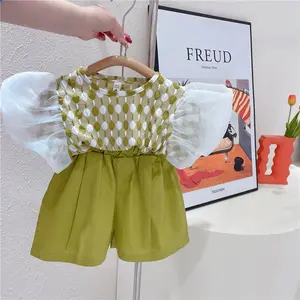 Summer Kids Clothing Wholesale Fashion Girls Solid Children Checker Printed Outfit Kids Clothing Set