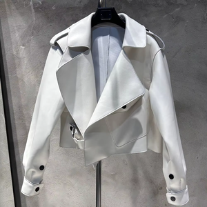 Chaqueta de Cuero de Piel de Oveja Auténtica de Lujo para Mujer, Chaqueta Corta con Solapa Grande Estilo Motero - Product Image 6
