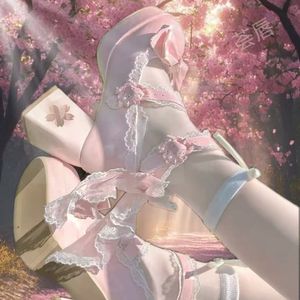 Lolita Platform Shoes Pink PU <b>Closed</b> <b>Toe</b> With Lace And Flower Detail Spring Women's Height Increasing <b>Chunky</b> <b>Heels</b> - Product Image 4