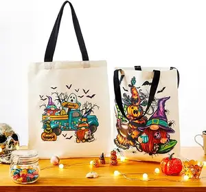 Customizable Large Halloween Canvas Handbag Reusable Party Decoration for Grocery Shopping Trick or Treat Candy Snacks Bag