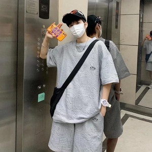 Men's Summer Fashionable Casual <b>Waffle</b> Print Short-Sleeved T-<b>Shirt</b> Set Breathable and Comfortable Knitted Outfit for Youth - Product Image 2