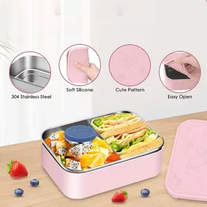Kotak makan anti bocor, wadah makanan Stainless Steel tahan panas 2 kompartemen kotak makan siang anak-anak silikon