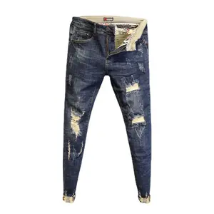 Gingtto celana jins Denim katun pria, celana jins kurus sobek untuk pria, celana tren mode biru ketat pria