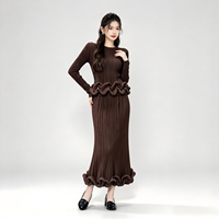 Ensemble plissé élégant pour femme, prêt à expédier, haut peplum et jupe sirène, expédition en 7 jours, ensemble plissé Miyake