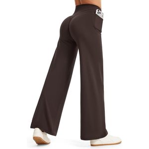 FOXA Pantalones de yoga de pierna ancha para mujer, cintura alta, sin costura frontal, con bolsillos, leggings de entrenamiento - Product Image 1