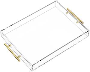 Bandejas para servir acrílicas transparentes personalizadas de alta calidad de fabricación de fábrica con mango dorado - Product Image 1