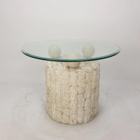 Table basse en pierre naturelle de grotte romaine avec plateau en verre trempé, meuble de salon inspiré du design en marbre