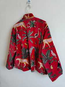 เสื้อแจ็คเก็ตพิมพ์ลายป่า แจ็คเก็ตผ้าฝ้ายลายดอกไม้ทำมือ สีชมพูเข้มและเขียวพิมพ์ลายบล็อก แขนยาว สไตล์โบฮีเมียน เสื้อแจ็คเก็ตพิมพ์ลายดอกไม้สไตล์โบฮีเมียน - Product Image 6