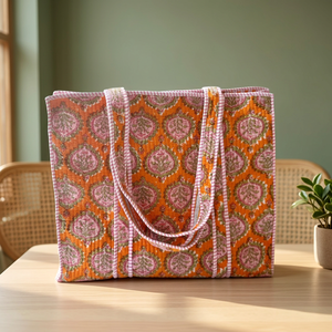 Sac fourre-tout en coton de style bohème avec motif floral, couleur rose orange, ouverture supérieure, sac de shopping toutes saisons pour femmes - Product Image 1