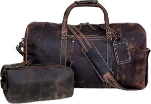 Premium 24 Inch Brown Full Grain <b>Leather</b> Weekender Luggage with Buffalo <b>Leather</b> Toiletry <b>Bag</b> Unisex <b>Travel</b> Duffel for <b>Men</b> Women - Product Image 2