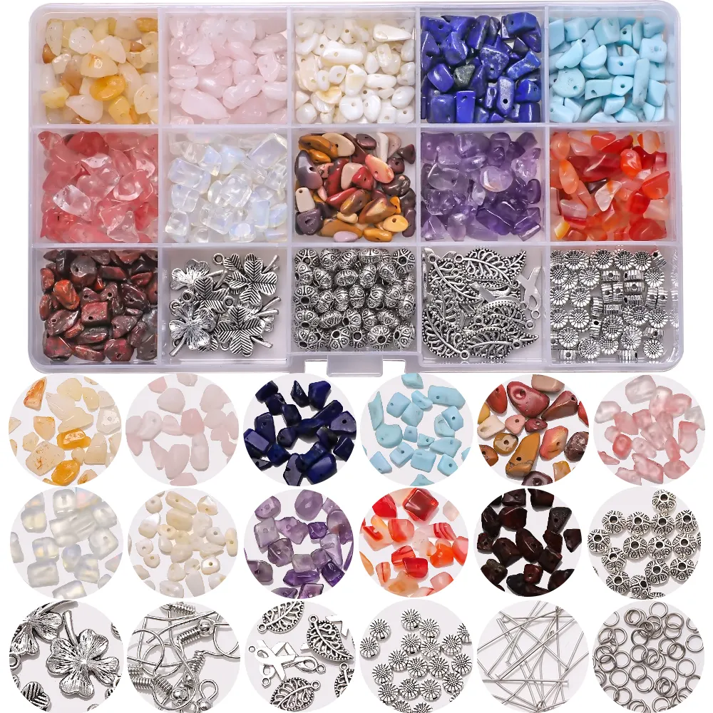 Zhubi 700pcs Crystal Natural Stone Gravels Antique Silver Spacer Beads Alloy Charms for Jewelry Making Bracelets Fashion Jewelry