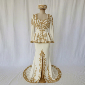 Elegant <b>Cream</b> Gold Embroidered Floor-Length Traditional Wedding Karakou Dress <b>Set</b> for Women Regular Fit Banana Crape Material - Product Image 1