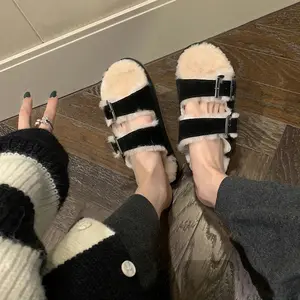 Home Indoor Simple Hotel Women's Thick Bottom Wool Slides Men's Warm Cotton Slippers Thick Sole Soft Indoor Couples Shoes