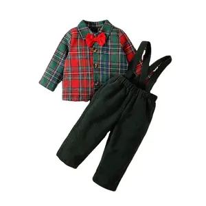 Костюм Для Мальчиков Новый 2023 джентльменская зеленая клетчатая рубашка с длинными рукавами топ + вельветовые Подтяжки оптом из двух предметов для мальчиков первая Рождественская одежда