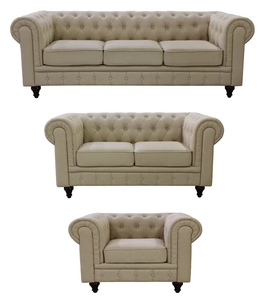 Antique American Classic Living Room Fabrics <strong>3</strong> <strong>Piece</strong> Tufted Rice White Chesterfield <strong>Sofa</strong> <strong>Set</strong> - Product Image 4