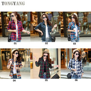 Blus Kasual Wanita TONGYANG Motif Kotak-kotak Bahan Katun Desain Lengan Panjang Kerah Turun dengan Saku Atasan Kasual Wanita - Product Image 5