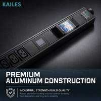 KAILES Série KLS-K33, bloc de distribution d'alimentation industriel en aluminium, 20A, compteur numérique V/A, 200-240VAC, 4800W, sortie mixte C13 C19