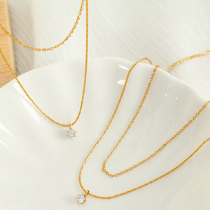 Collar de Oro en Capas con Doble Cadena y Colgante de Zirconia, Estilo Minimalista, Gargantilla, Joyería de Moda - Product Image 2