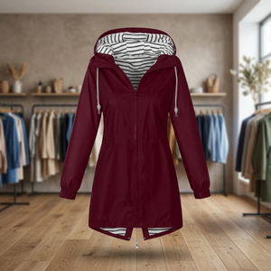Womens Autumn <b>Waterproof</b> Denim Hooded Long Outdoor Lightweight Windbreaker Rain <b>Jacket</b> with Striped Lining Full Zip Front - Product Image 4