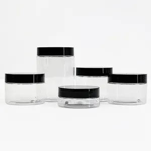 Récipient de soins de la peau en plastique bouteille ronde transparente avec bouchon à vis noir ensemble emballage bouteille de soins de la peau pots de crème pour le visage