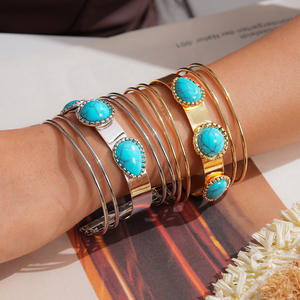 Bracelet ouvert multicouche en acier inoxydable avec pierre naturelle en forme de goutte d'eau, style ethnique vintage, bijou de luxe exagéré pour femme - Product Image 3