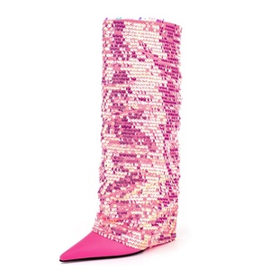 Botas Altas de Mujer con Lentejuelas Brillantes, Tacón de Cuña Alto, Puntera Puntiaguda, Colores Personalizados - Product Image 4