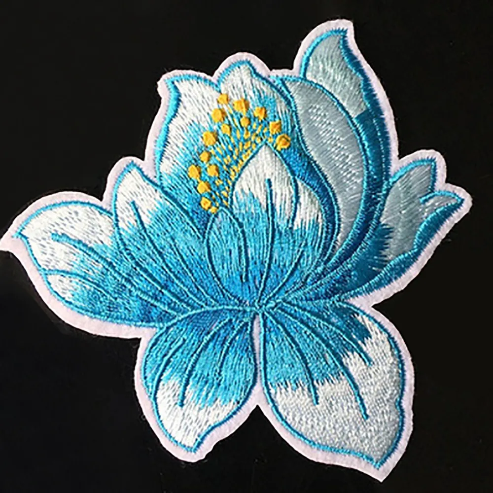 Gratis desain kustom kain Applique bunga bordir Patch menjahit besi pada Lotus bunga bordir Patch untuk pakaian dekorasi