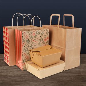 Sacs en papier kraft brun et blanc écologiques jetables avec impression de logo personnalisé pour l'emballage de plats à emporter des restaurants - Product Image 1