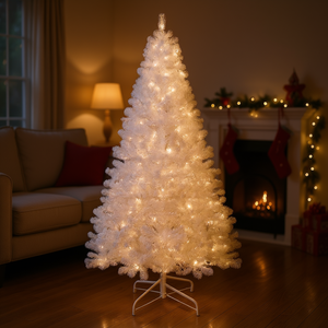 Árbol de Navidad Artificial Preiluminado Blanco de 7.5 Pies con Luces LED Cálidas, Base Metálica y Decoraciones para Interiores - Product Image 2