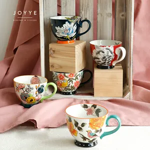 Joyye Hand Painted Flower Animal Mug Shiny Glaze Tea Mug Custom Handpainted Pattern 400ml Ceramic Coffee Mug