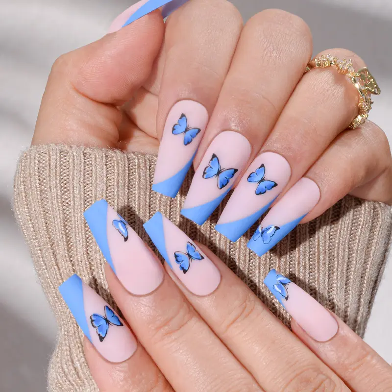 New design long coffin fake false nails french blue butterfly printed press on nail