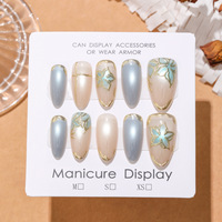 Faux ongles à presser courts, forme amande, bleu brumeux, effet œil de chat, fleur 3D, nouveau style chinois, éclaircissants, vente en gros