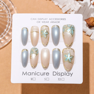 Faux ongles à presser courts, forme amande, bleu brumeux, effet œil de chat, fleur 3D, nouveau style chinois, éclaircissants, vente en gros - Product Image 4