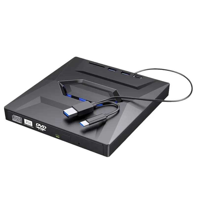 Unidad óptica externa USB 3,0 tipo C para portátil, grabadora de DVD con 4 puertos USB y ranura para tarjeta TF/SD, reproductor de DVD, unidad de lectura y escritura de CD