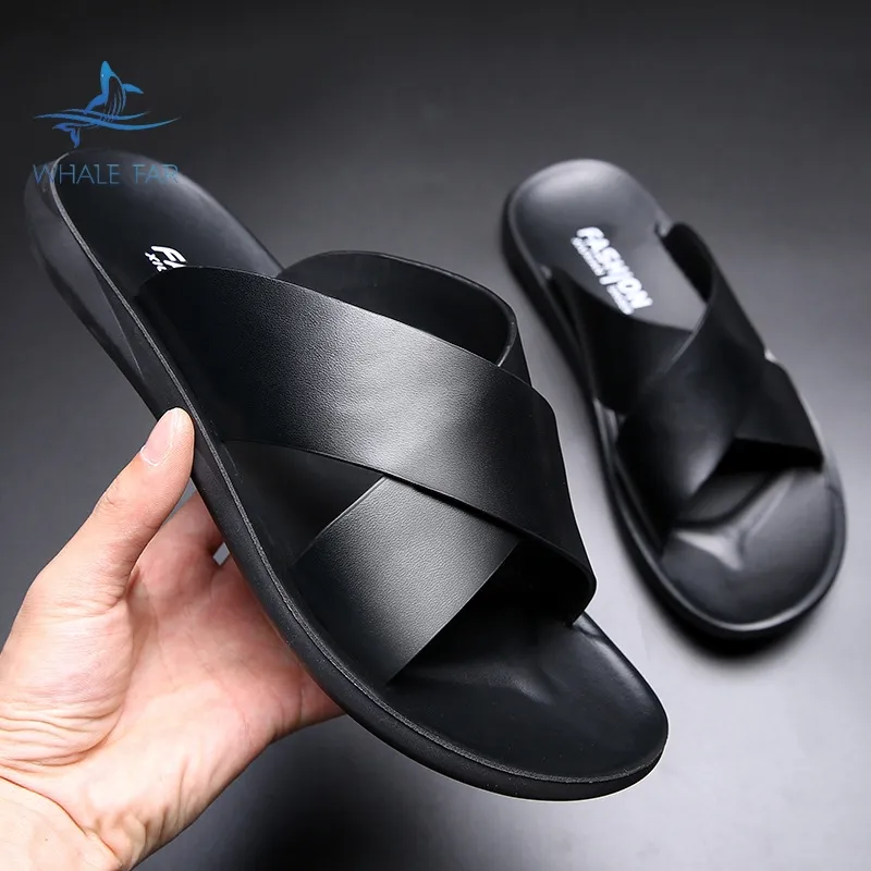 Großhandel Custom Man Black Wildleder Sandale Schuhe Herren Beach Fashion Casual Outdoor Leder Slides Slipper