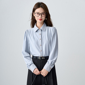 Women's Light Blue Long Sleeve Shirt Solid Color Polyester Poplin Office Wear Formal Blouse - Product Image 1