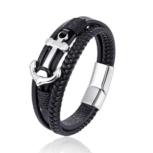 Hiphop Anchor Charm Pulseras trenzadas Cuerda de acero inoxidable Brazalete para hombres Accesorios de muñeca Brazalete de cuero genuino Joyería - Product Image 1