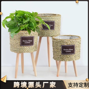 Straw woven flower <b>baskets</b>, woven flower pots with legs, flower stands, living room and balcony decorations, simple European - Product Image 5