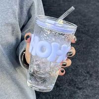 Gobelet en verre à lettres, style Ins, grande capacité, pour la maison, le bureau, café, jus, avec paille