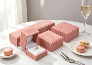 Boîtes à bijoux haut de gamme multi-tailles, écologiques, faites à la main, avec cadre en carton rigide, revêtement en velours court rose pâle - Product Image 2