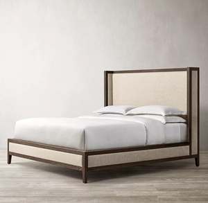 Lit double en bois massif de style américain, avec revêtement en tissu, design simple, personnalisable pour salle d'exposition, hôtel, chambre principale - Product Image 4