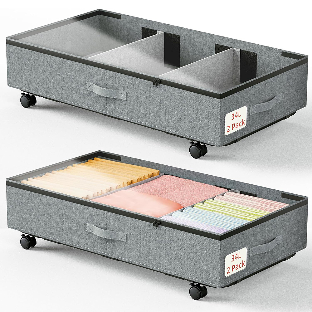 Camkey 2-Pack Rolling Under Bed Storage Drawers - 60L Each, Grey Fabric Bins With Wheels & Lids, 33 Lb Capacity