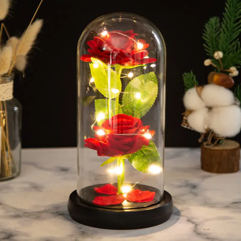 Flores LED luminosas de cristal rosa para JPG-33, flores artificiales de seda roja, cúpula de cristal para regalo, 2 uds.