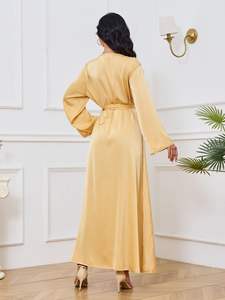 ドバイモロッコOマンスリランカ無地ビーズフラワーレースフロントフロア長さ控えめムスリム女性伝統的なカフタン - Product Image 5